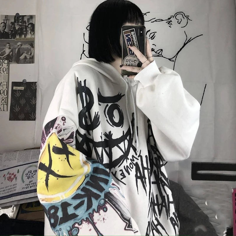 Gothic Cartoon Hip Hop Hoodies Women Japanese Funny Punk Oversize Hooded Sweatshirts Autumn Loose Long Sleeve Female Hoodie Tops