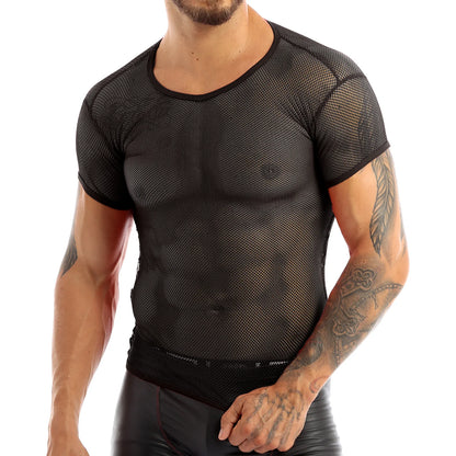 Mens Mesh Cycling Base Layers Top See Through Fishnet Clubwear Tank Vest Shirt Male Breathable Sportswear