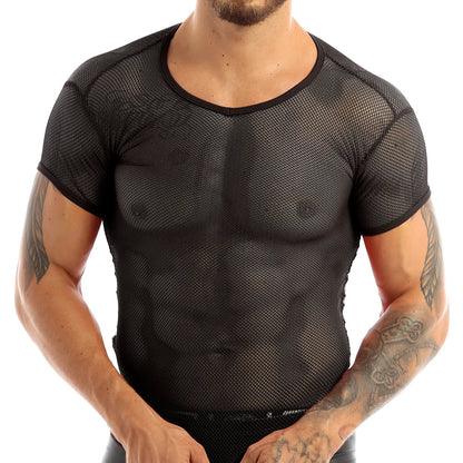 Mens Mesh Cycling Base Layers Top See Through Fishnet Clubwear Tank Vest Shirt Male Breathable Sportswear