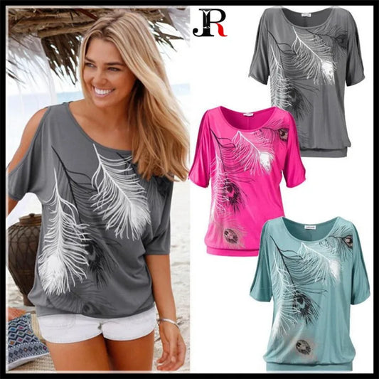 2017 Women&Girl Loose Type T-Shirt,O-Neck Feather Printed Soft Strapless Off Shoulder Short-Sleeved Tops,S-5XL Big Yards