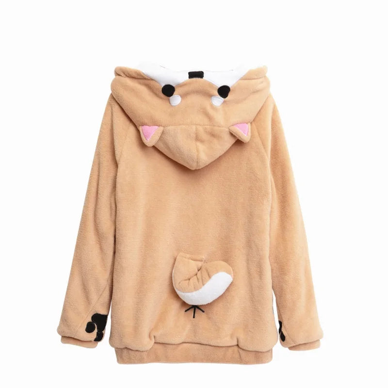 Shiba Inu Doge Kawaii lovely Velvet Long-sleeved Hooded Plush Coat Cartoon Anime Style Warm lady Winter Sweatshirt Christmas