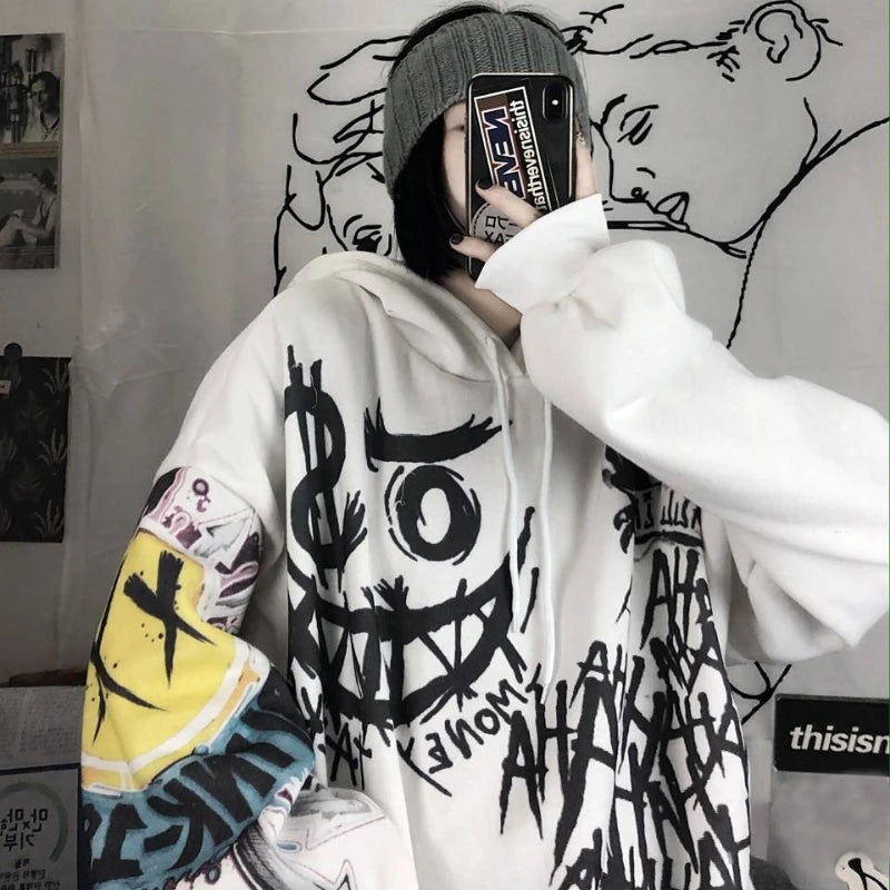 Gothic Cartoon Hip Hop Hoodies Women Japanese Funny Punk Oversize Hooded Sweatshirts Autumn Loose Long Sleeve Female Hoodie Tops