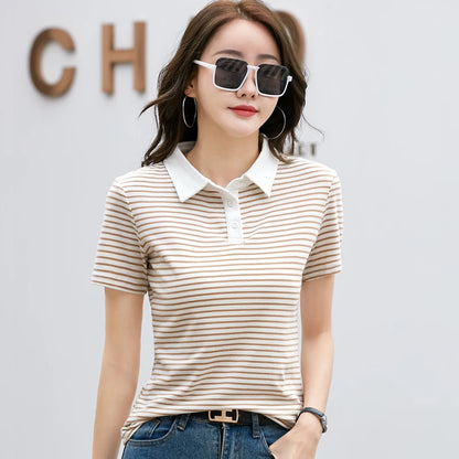 Korean Style Short Sleeve Polo Shirt Women Cotton Stretch Fashion Summer Tops Elegant Knitted Striped T-shirt For Women