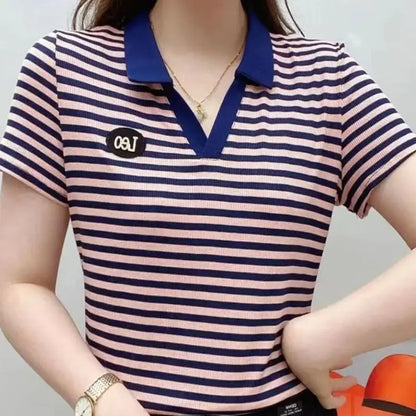 Women's T-shirt Summer Short Sleeve Lapel New Fashion Stripe V-Neck Pullover Embroidery Female Clothing Fashion Casual Tops