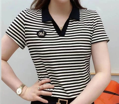 Women's T-shirt Summer Short Sleeve Lapel New Fashion Stripe V-Neck Pullover Embroidery Female Clothing Fashion Casual Tops