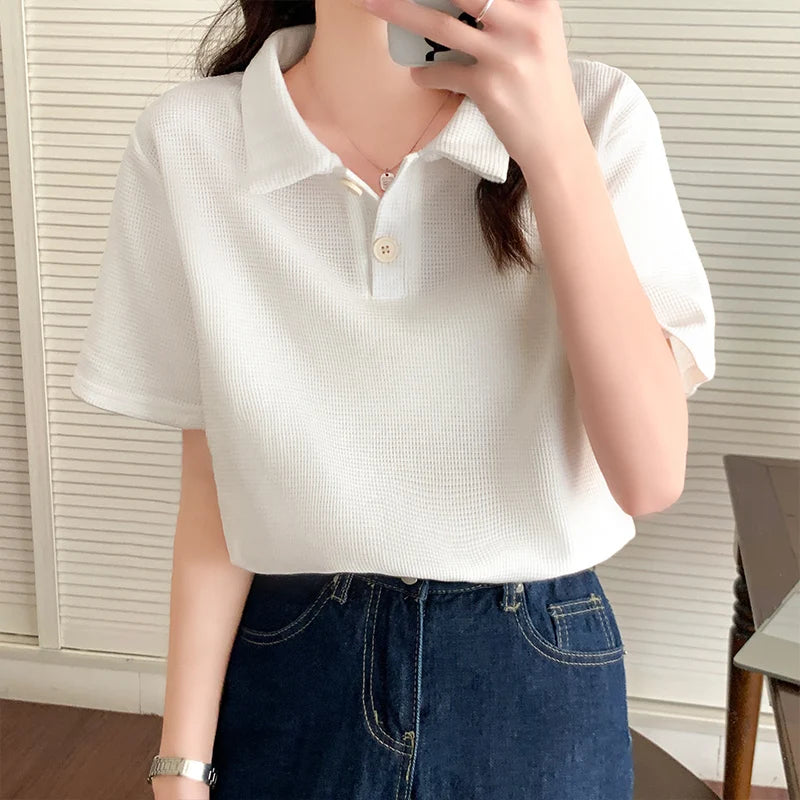 QOERLIN Matcha Green Waffle Short Sleeve T Shirt Women Summer Loose Top Casual Shirts Summer Polo Golf Woman Blouses 2022