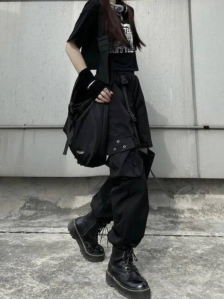 Techwear Cargo Pants Womens Hollow Out Joggers Goth Emo Oversize Pocket Female Casual Teens Hippie Punk Harem Harajuku Trousers