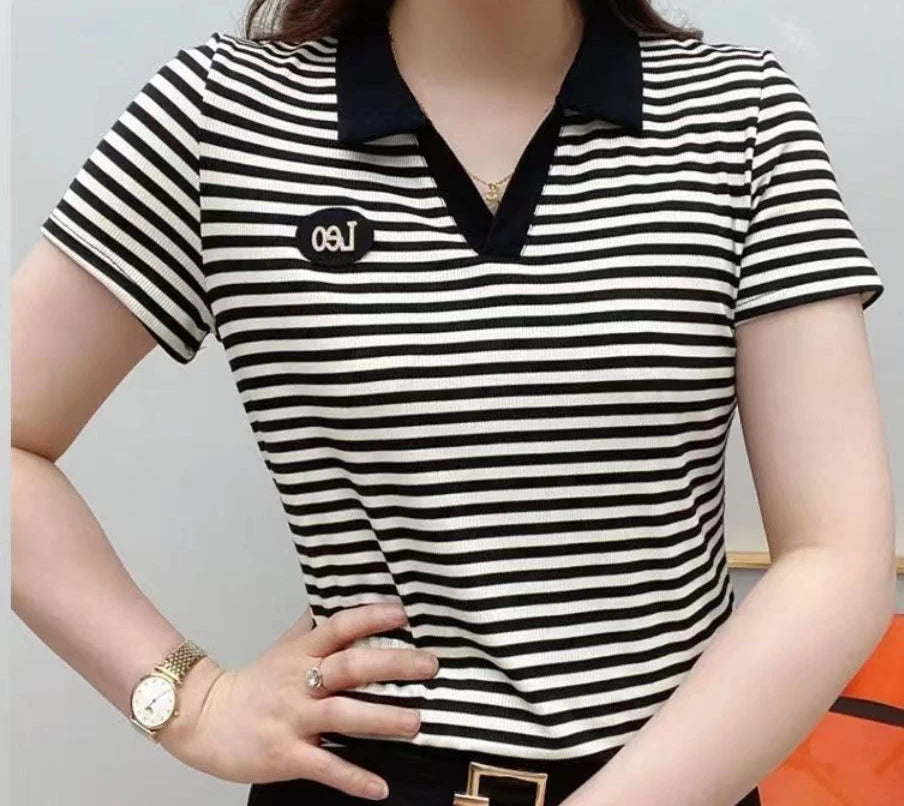 Women's T-shirt Summer Short Sleeve Lapel New Fashion Stripe V-Neck Pullover Embroidery Female Clothing Fashion Casual Tops