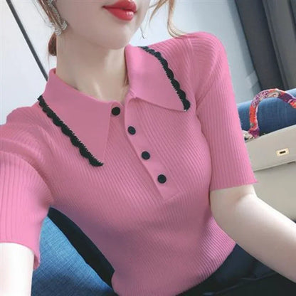 T-shirt Woman Pink Short Sleeve Tee Tops Polo Neck Shirts for Women Knit Clothing White Luxury Offer Free Shipping New Synthetic