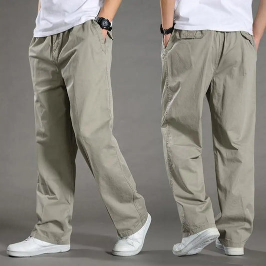 Men Cargo Pants Spring Fall Elastic Waist Drawstring Casual Pants Loose Large Pocket Male Straight Wide Leg Trousers