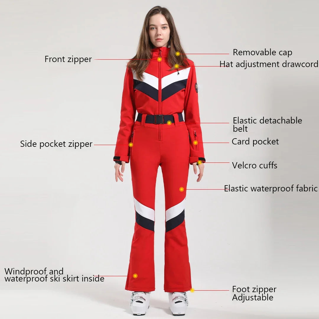 New One-Piece Ski Suit Wome Overalls Slim Women Outdoor Double Plate Jumpsuits Wind Proof Waterproof Ski Set Winter Clothing