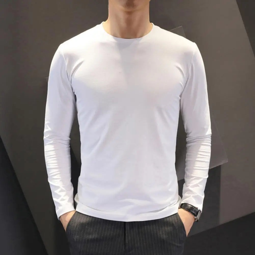 Base Layer Top Men's Long Sleeve Round Neck T-shirt Solid Color Top for Fall Spring Soft Breathable Mid Length Pullover