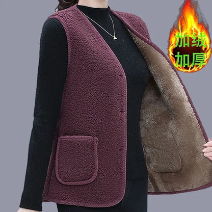 Women Vests Waistcoats New Autumn Winter Button Lamb's Fleece Vests Sleeveless Jacket 5XL Large Size Button Coats Trendy Outwear