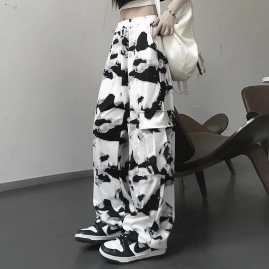 Cargo Pants Tie Dye Harajuku Streetwear Wide Leg Women High Waisted Trousers Punk Oversize Aesthetic Korean Fashion y2k clothes