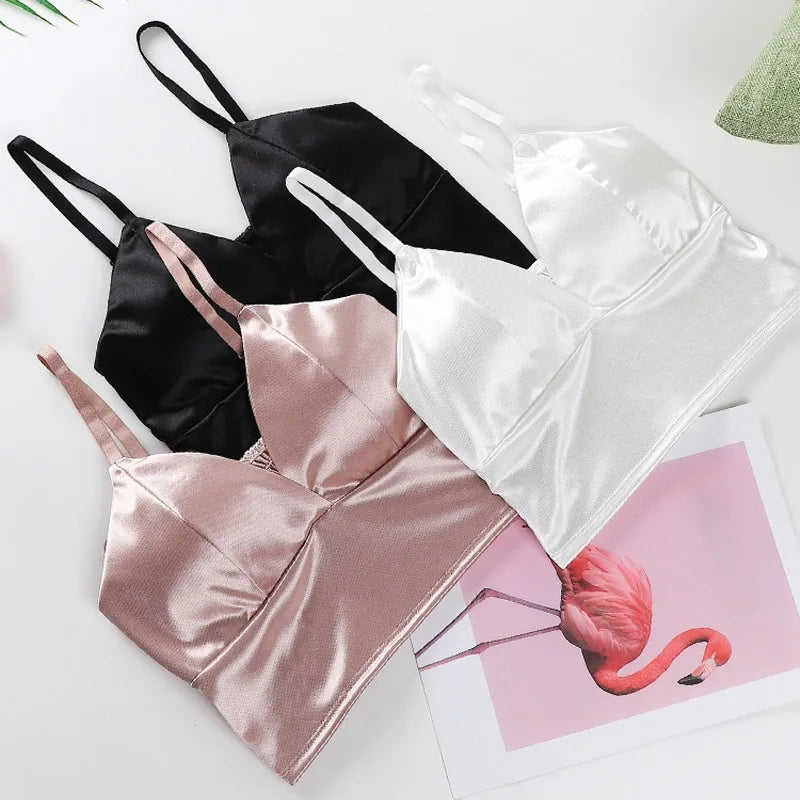 Sexy Satin Crop Tops Women Wireless Bralette Crochet Top Female Spaghetti Strap T-shirt Cropped With Chest Padded Camisole Camis