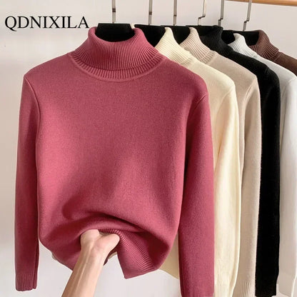 2023 Autumn Winter Women's Sweater Thickened Fleece Warm New Knit Turtleneck Pullover Korean Fashion Woman Knitwears Jumper Top