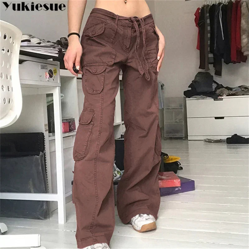 Women Pants 2023 Summer New Style Fashion Versatile Y2K Pockets Cargo Pants Straight Harajuku Vintage Low Waist Wed Leg Trousers