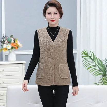 Women Vests Waistcoats New Autumn Winter Button Lamb's Fleece Vests Sleeveless Jacket 5XL Large Size Button Coats Trendy Outwear