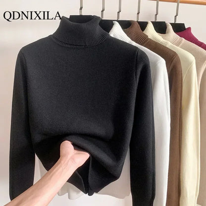 2023 Autumn Winter Women's Sweater Thickened Fleece Warm New Knit Turtleneck Pullover Korean Fashion Woman Knitwears Jumper Top