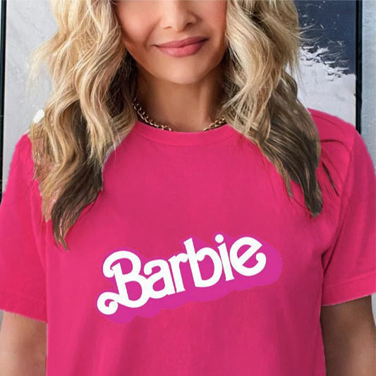 2024 New Men's and Women's Round Neck T-Shirt Short Sleeve Barbie Spring and Summer Cartoon Print Genuine Cute Loose Casual