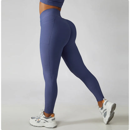 Solid Color Ribbed Yoga Pants Women Pockets Crossover High Waist Fitness Leggings Sexy Butt LIft Workout Running Tights