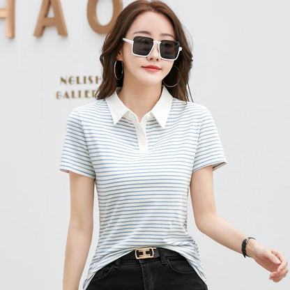 Korean Style Short Sleeve Polo Shirt Women Cotton Stretch Fashion Summer Tops Elegant Knitted Striped T-shirt For Women