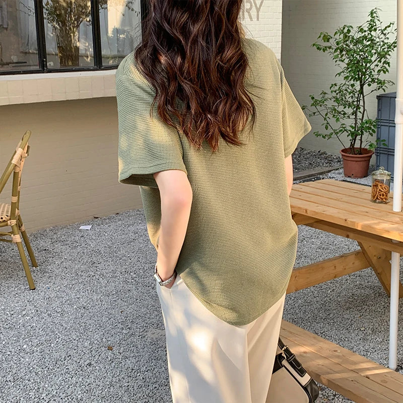 QOERLIN Matcha Green Waffle Short Sleeve T Shirt Women Summer Loose Top Casual Shirts Summer Polo Golf Woman Blouses 2022