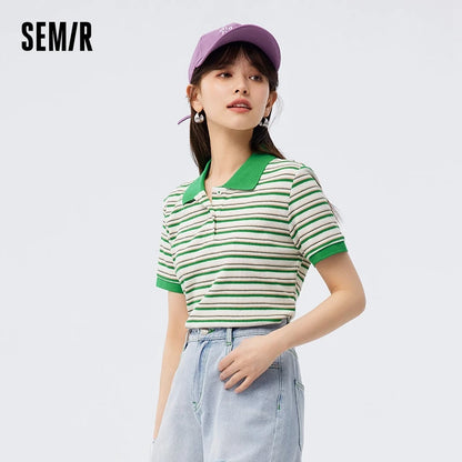 Semir Polo Shirt Women Tight 2023 Summer New Soft Waffle Striped Shirt T-shirt