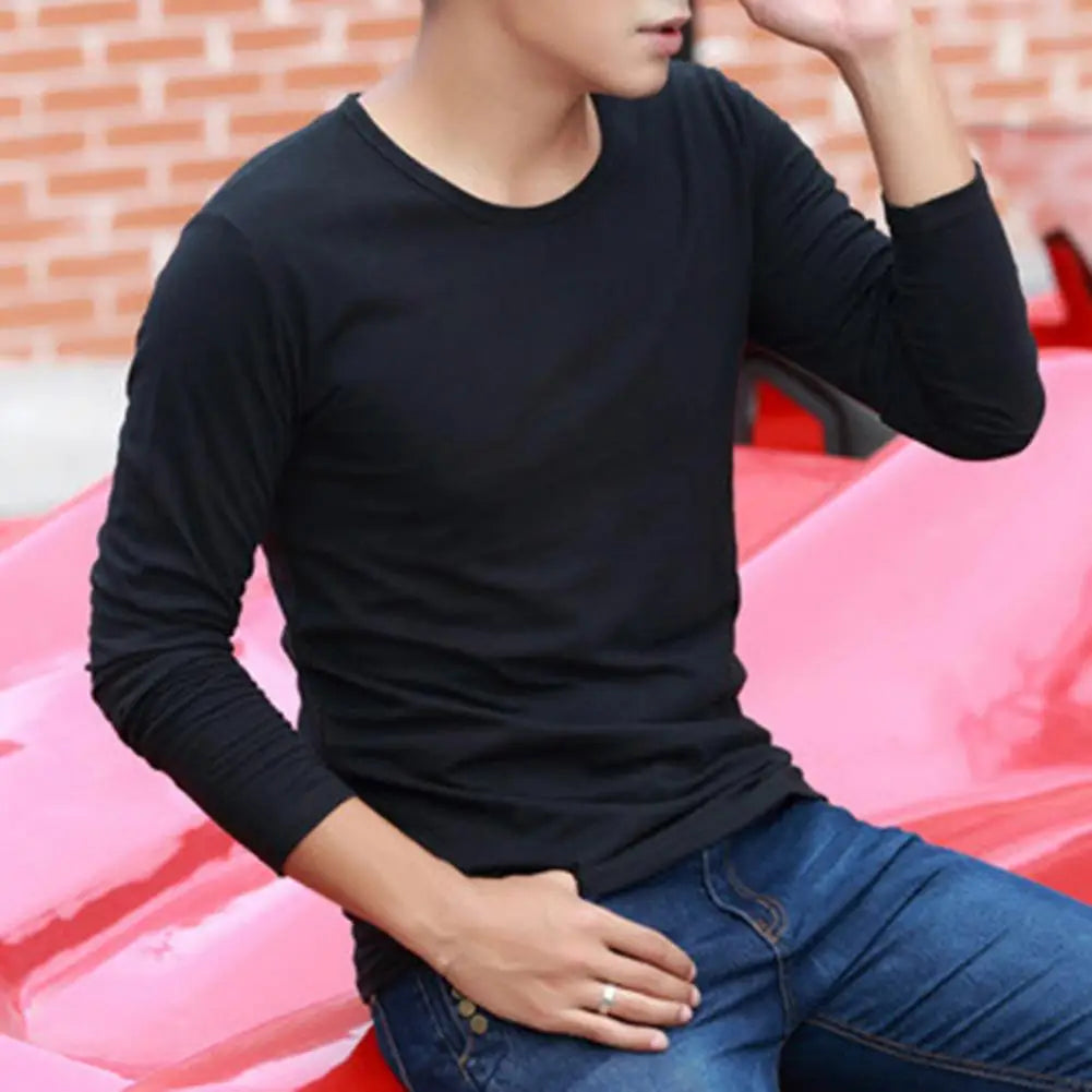 Base Layer Top Men's Long Sleeve Round Neck T-shirt Solid Color Top for Fall Spring Soft Breathable Mid Length Pullover