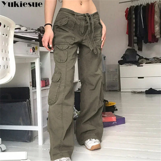 Women Pants 2023 Summer New Style Fashion Versatile Y2K Pockets Cargo Pants Straight Harajuku Vintage Low Waist Wed Leg Trousers