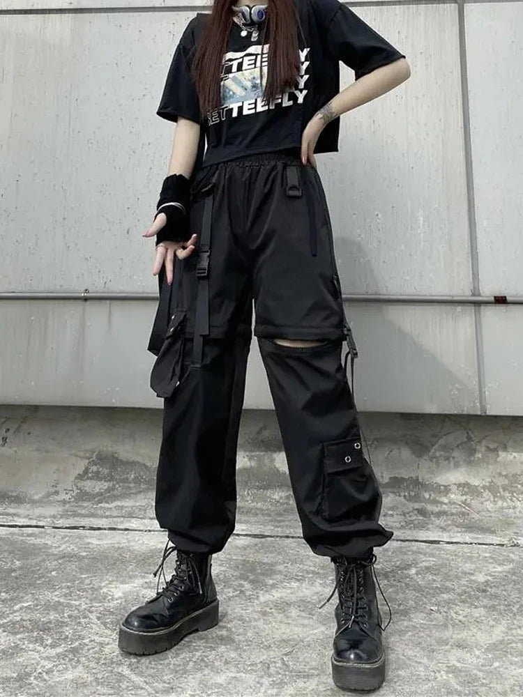 Techwear Cargo Pants Womens Hollow Out Joggers Goth Emo Oversize Pocket Female Casual Teens Hippie Punk Harem Harajuku Trousers