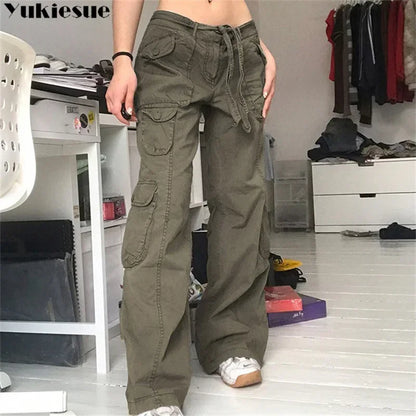 Women Pants 2023 Summer New Style Fashion Versatile Y2K Pockets Cargo Pants Straight Harajuku Vintage Low Waist Wed Leg Trousers