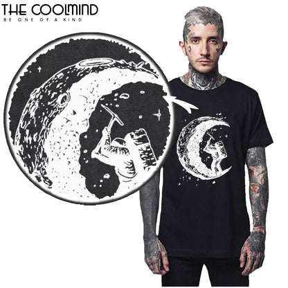 100% Cotton Digging The Moon Print Funny Mens o-neck T Shirts Fashion men's Tops Men T-shirt Cool Men Tshirt Male Men Tee Shirts