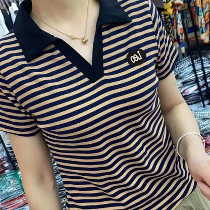 Women's T-shirt Summer Short Sleeve Lapel New Fashion Stripe V-Neck Pullover Embroidery Female Clothing Fashion Casual Tops