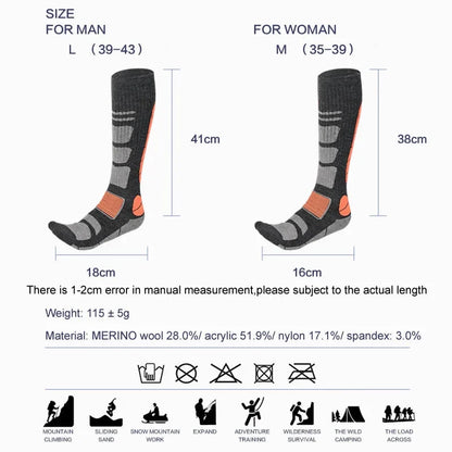 2 Pairs Merino Wool Ski Socks Winter Thermal Sports Snowboard Cycling Hiking Skiing Stockings Men Women Boot Sock