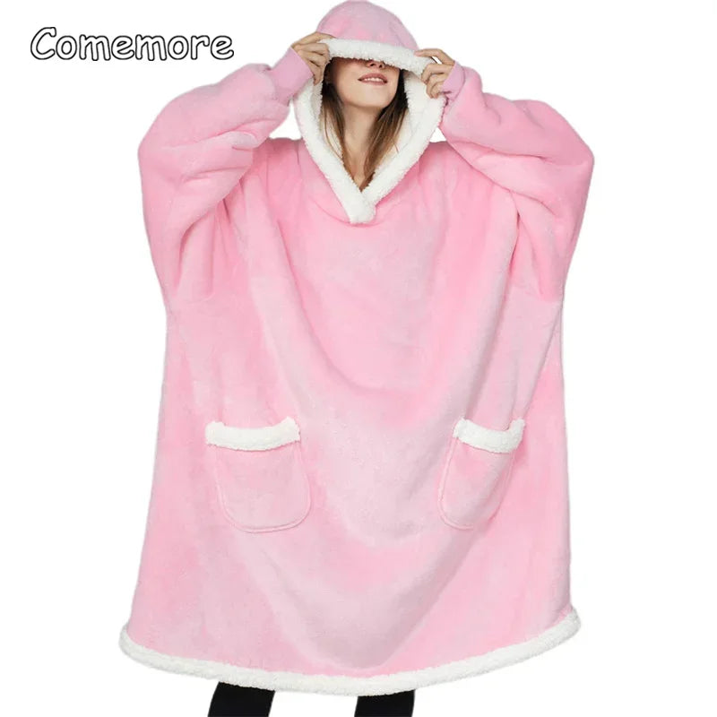 Comemore Winter Oversized Hoodies 2023 Super Long Hooded Blanket with Sleeves Women Men Pullover Fleece Giant TV Blanket 150cm