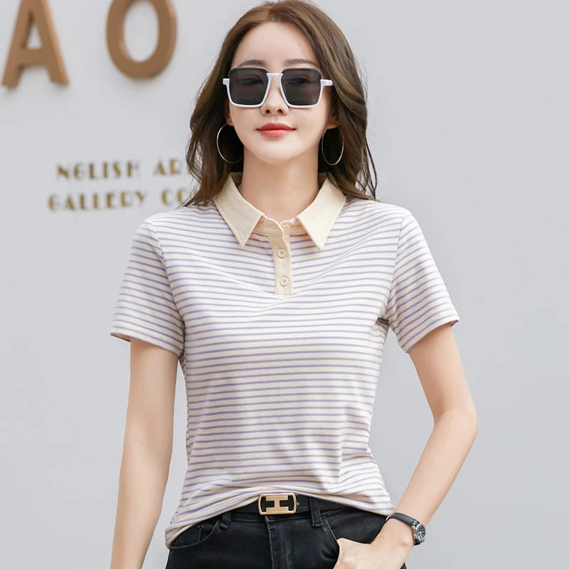 Korean Style Short Sleeve Polo Shirt Women Cotton Stretch Fashion Summer Tops Elegant Knitted Striped T-shirt For Women