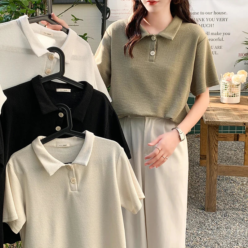 QOERLIN Matcha Green Waffle Short Sleeve T Shirt Women Summer Loose Top Casual Shirts Summer Polo Golf Woman Blouses 2022