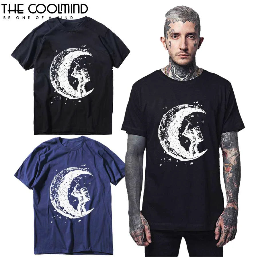 100% Cotton Digging The Moon Print Funny Mens o-neck T Shirts Fashion men's Tops Men T-shirt Cool Men Tshirt Male Men Tee Shirts