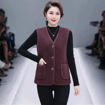 Women Vests Waistcoats New Autumn Winter Button Lamb's Fleece Vests Sleeveless Jacket 5XL Large Size Button Coats Trendy Outwear