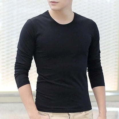 Base Layer Top Men's Long Sleeve Round Neck T-shirt Solid Color Top for Fall Spring Soft Breathable Mid Length Pullover