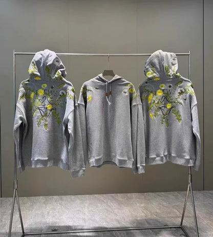 Harajuku street dandelion embroidered flower hoodie 2024 American men and women winter plus velvet loose casual y2k clothes