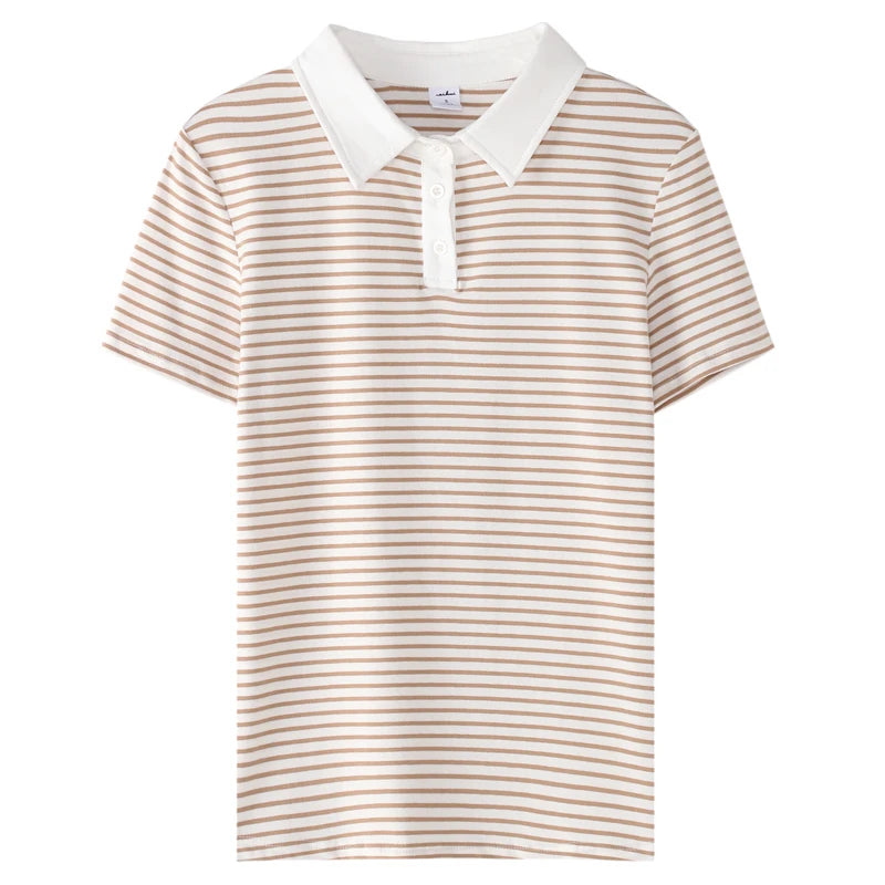 Korean Style Short Sleeve Polo Shirt Women Cotton Stretch Fashion Summer Tops Elegant Knitted Striped T-shirt For Women