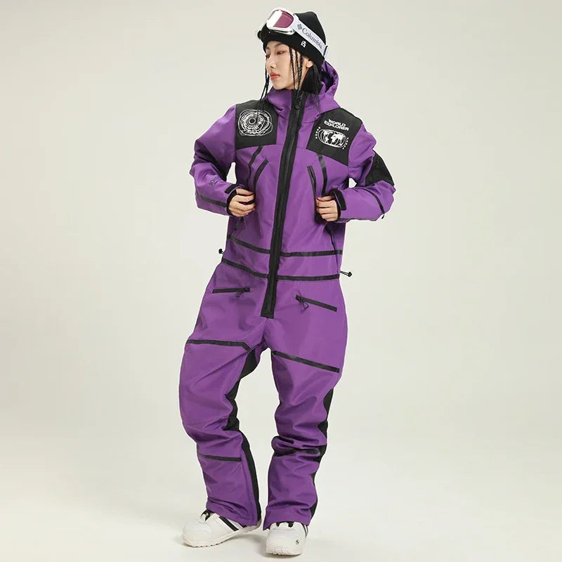 2025 Winter Women One Piece Snowsuit Sport Female Ski Suit Waterproof Hooded Woman Snowboard Jumpsuit Mountain Clothes Overall