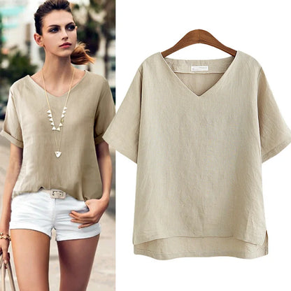 Women Tee Tops Summer V-Neck Loose Leisure Linen T-shirts Women's Short Sleeve T-shirt Womens t shirt