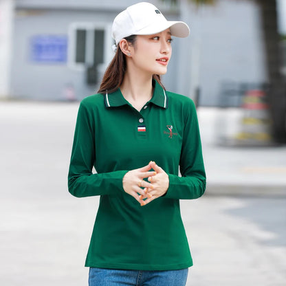 Spring Autumn Polo Golf Woman Wear Long Sleeve T Shirt Embroidery Logo Polo Neck Sport Female Tee Women’s Golf Wear 2024