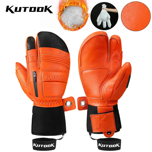 KUTOOK Winter Ski Gloves Goatskin Leather Mittens 3M Thinsulate Snowboard Gloves Thermal Warm Skiing Gloves Waterproof Men Women