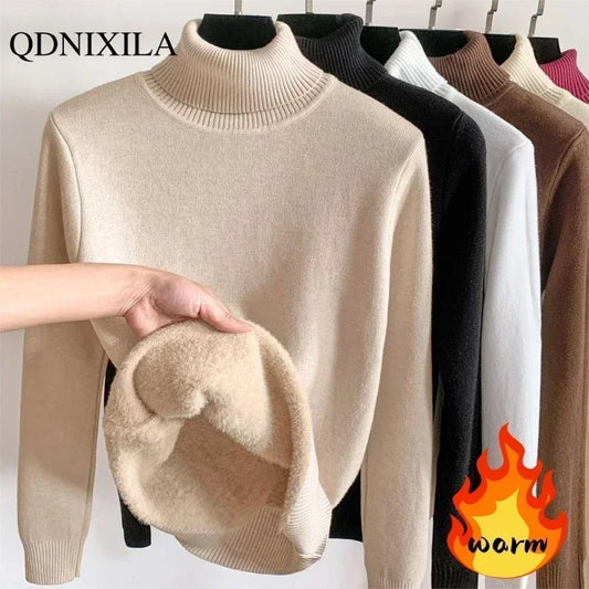 2023 Autumn Winter Women's Sweater Thickened Fleece Warm New Knit Turtleneck Pullover Korean Fashion Woman Knitwears Jumper Top