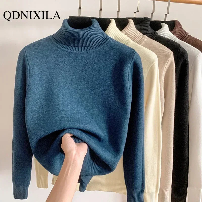 2023 Autumn Winter Women's Sweater Thickened Fleece Warm New Knit Turtleneck Pullover Korean Fashion Woman Knitwears Jumper Top