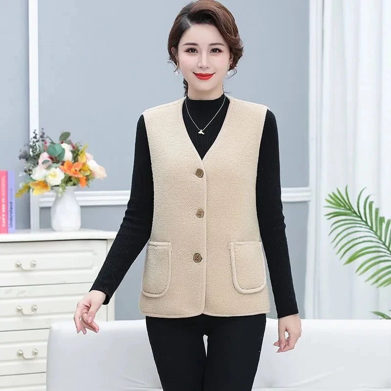 Women Vests Waistcoats New Autumn Winter Button Lamb's Fleece Vests Sleeveless Jacket 5XL Large Size Button Coats Trendy Outwear